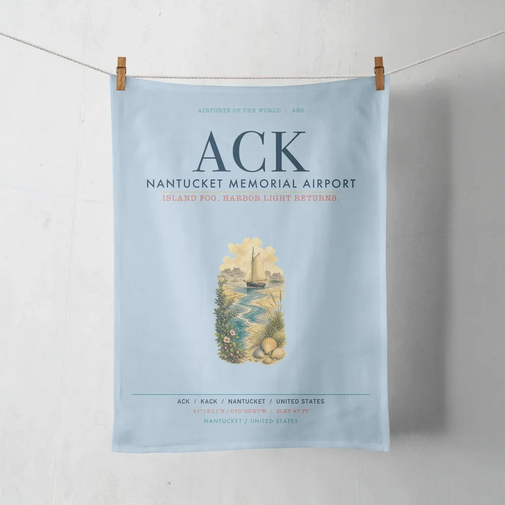 Nantucket Memorial Airport (ACK) design on light blue towel