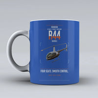 Thumbnail for Robinson R44 Raven II design on blue ceramic mug, double-side print
