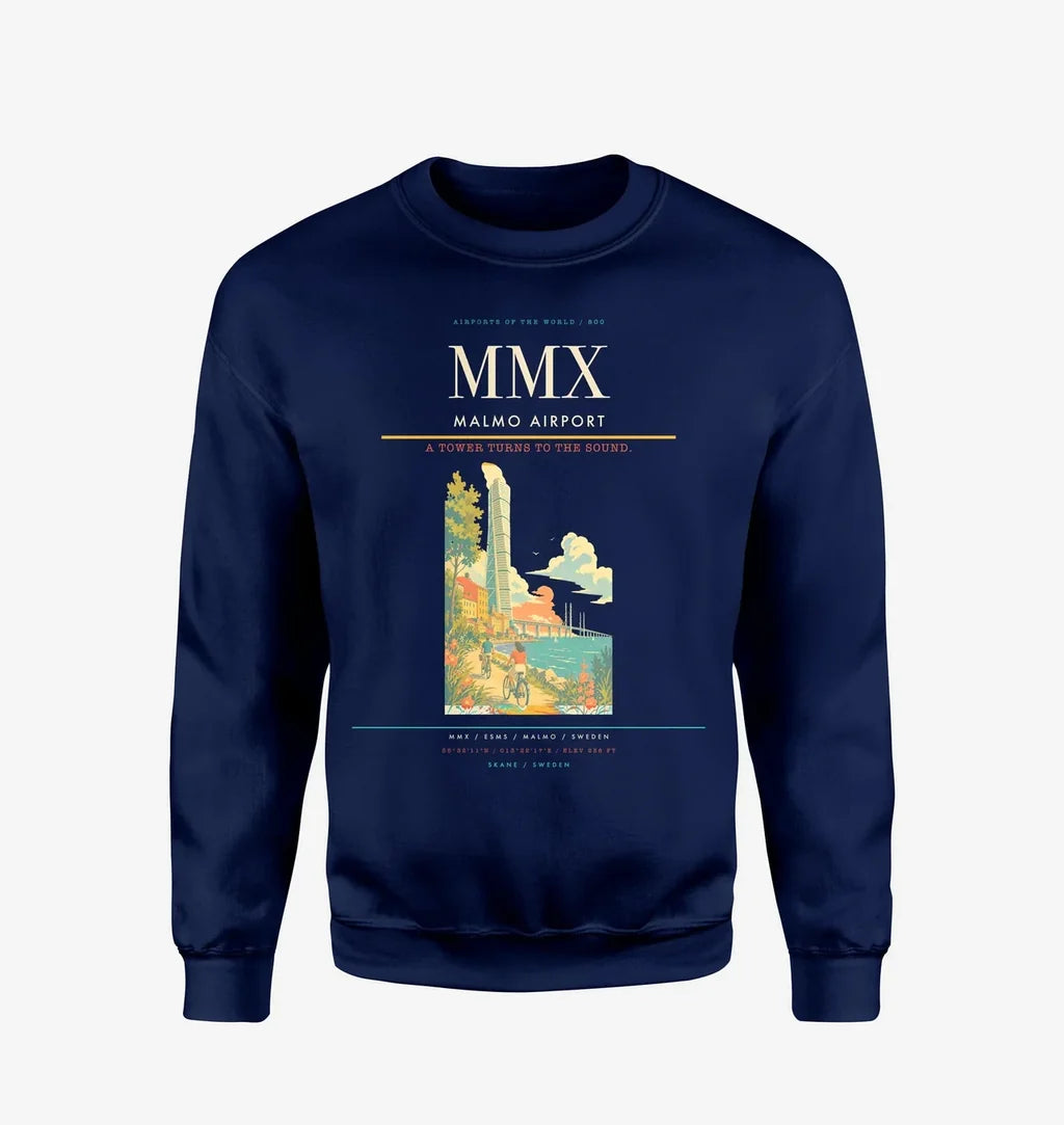 Malmo Airport (MMX) design on navy blue sweatshirt