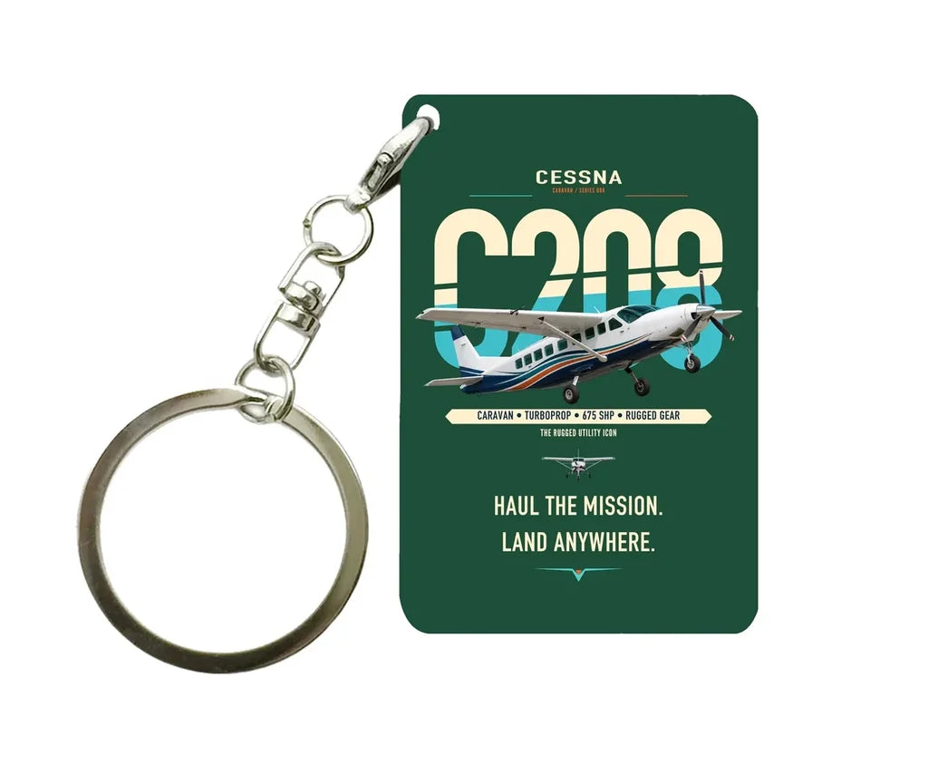 Cessna 208 Caravan design on dark green designed key chain, double-side print