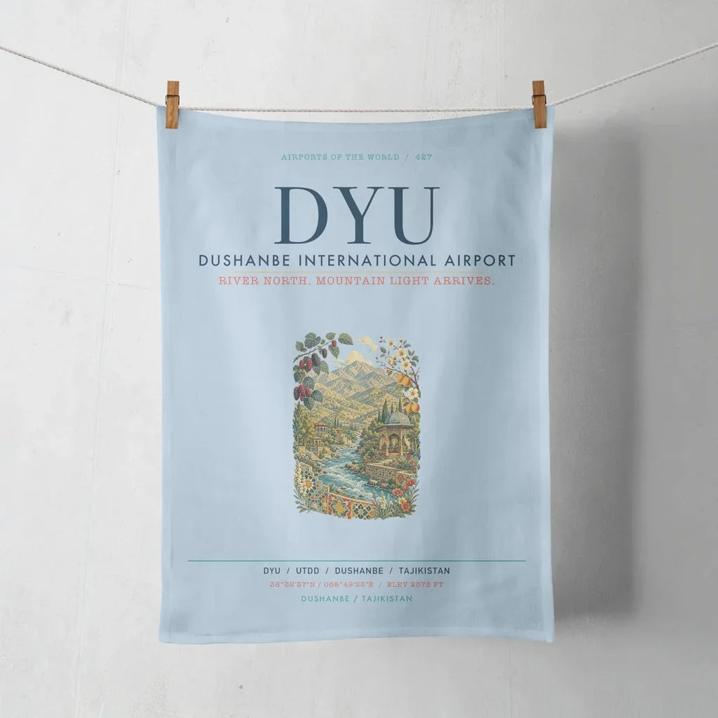 Dushanbe International Airport (DYU) design on light blue towel
