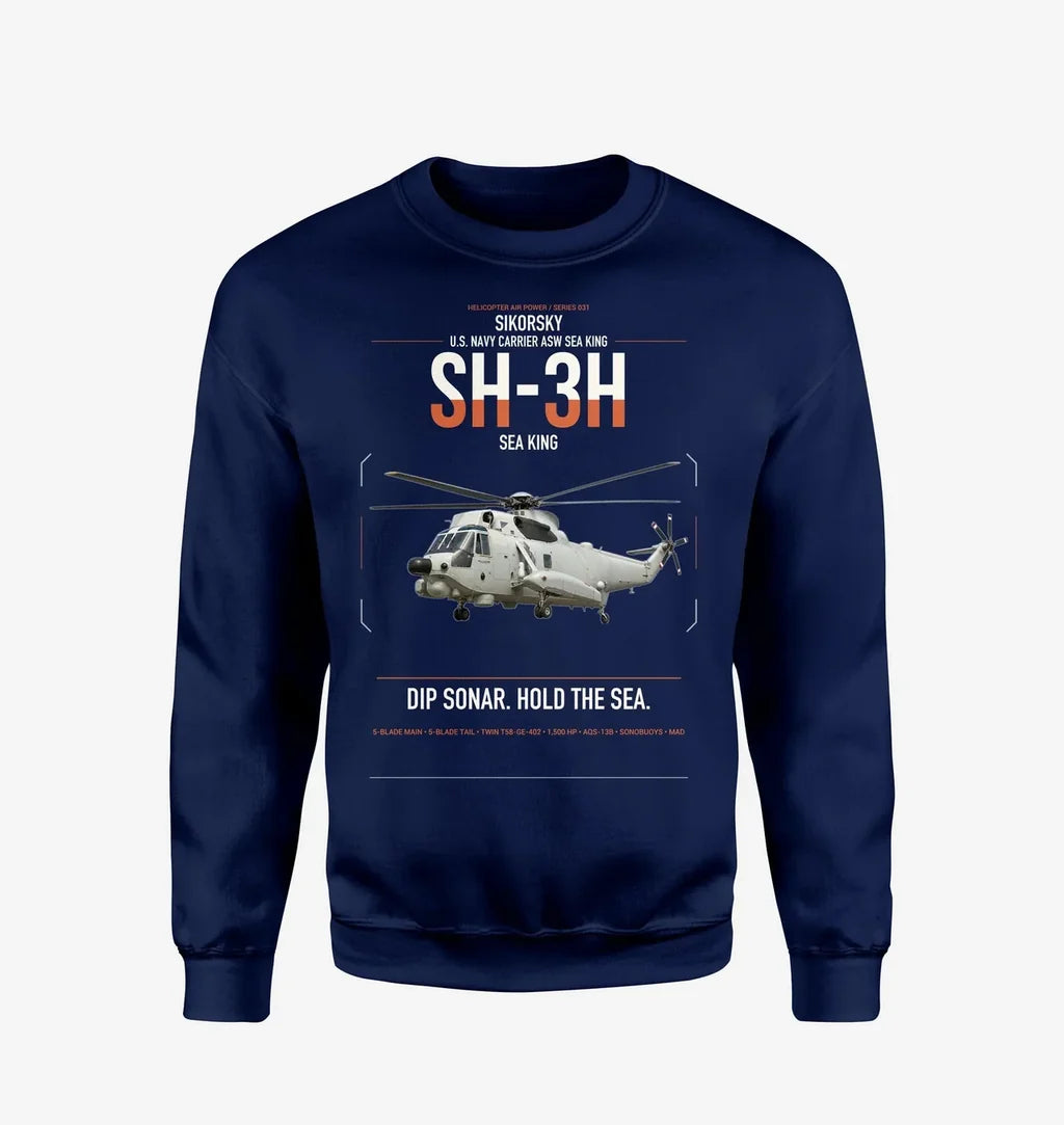 Sikorsky SH-3H Sea King design on navy blue sweatshirt