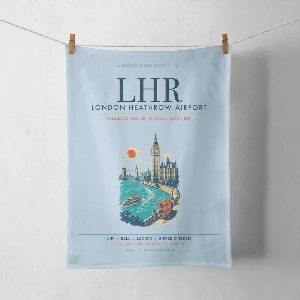 London Heathrow Airport (LHR) design on light blue towel