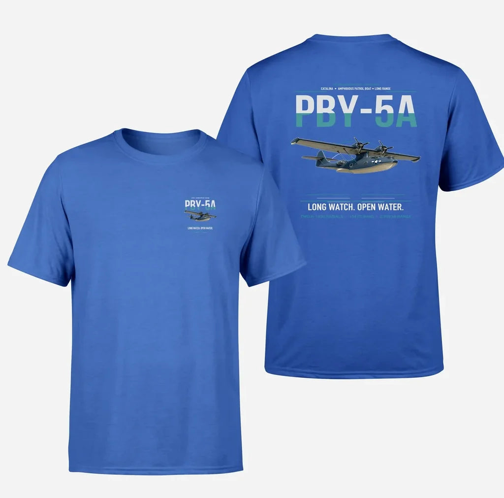 PBY-5A Catalina design on blue double-side t-shirt, double-side print