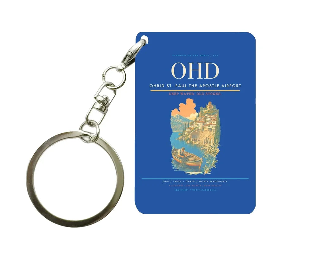 Ohrid St. Paul the Apostle Airport (OHD) design on blue key chain