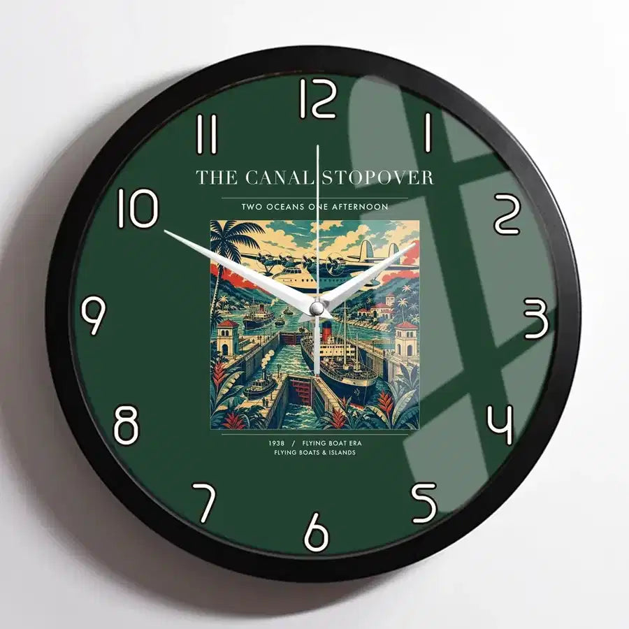 VINTAGE G4077 - The Canal Stopover - Designed Wall Clocks design on darkgreen framed