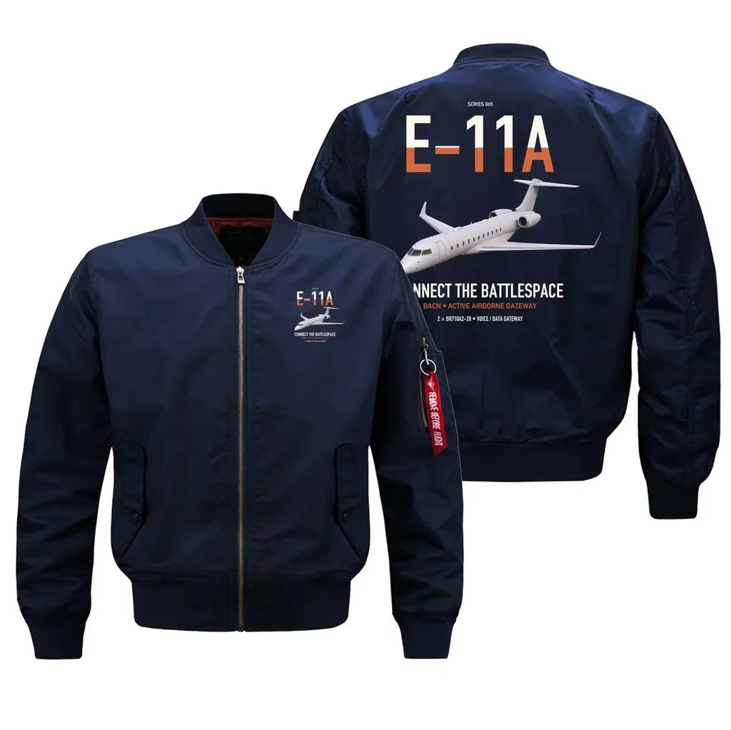E-11A BACN design on blue bomber jacket, double-side print