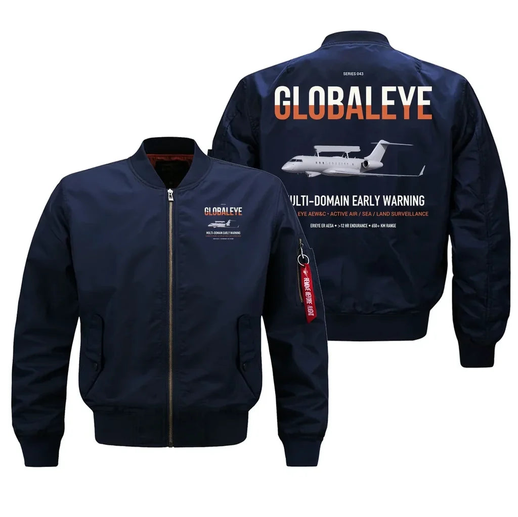 Saab GlobalEye design on blue bomber jacket, double-side print