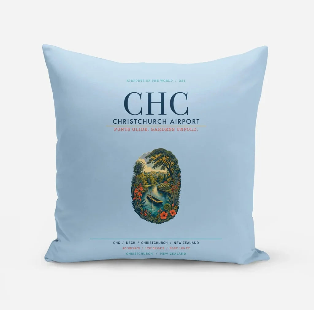 Christchurch Airport (CHC) design on light blue pillow