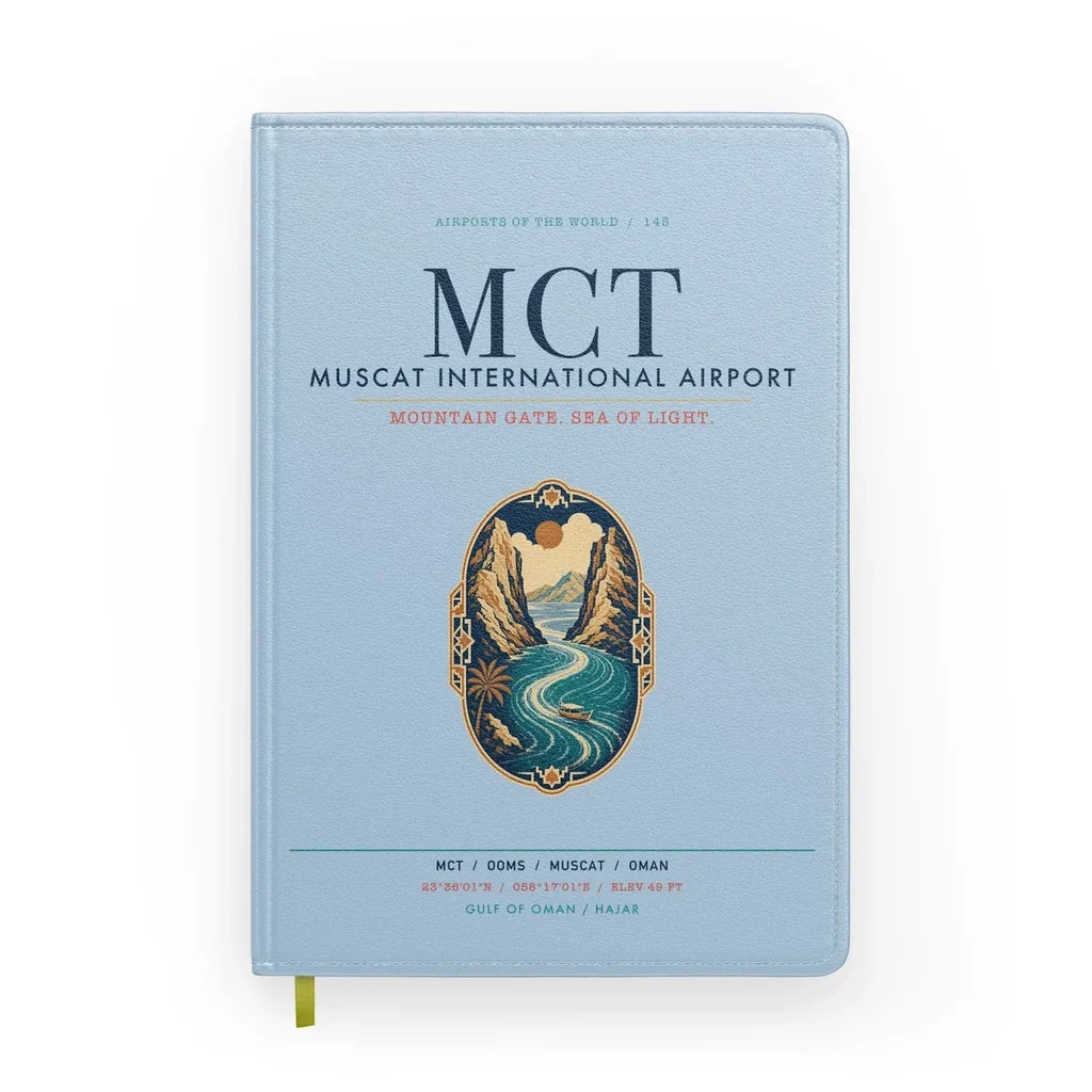 Muscat International Airport (MCT) design on light blue notebook