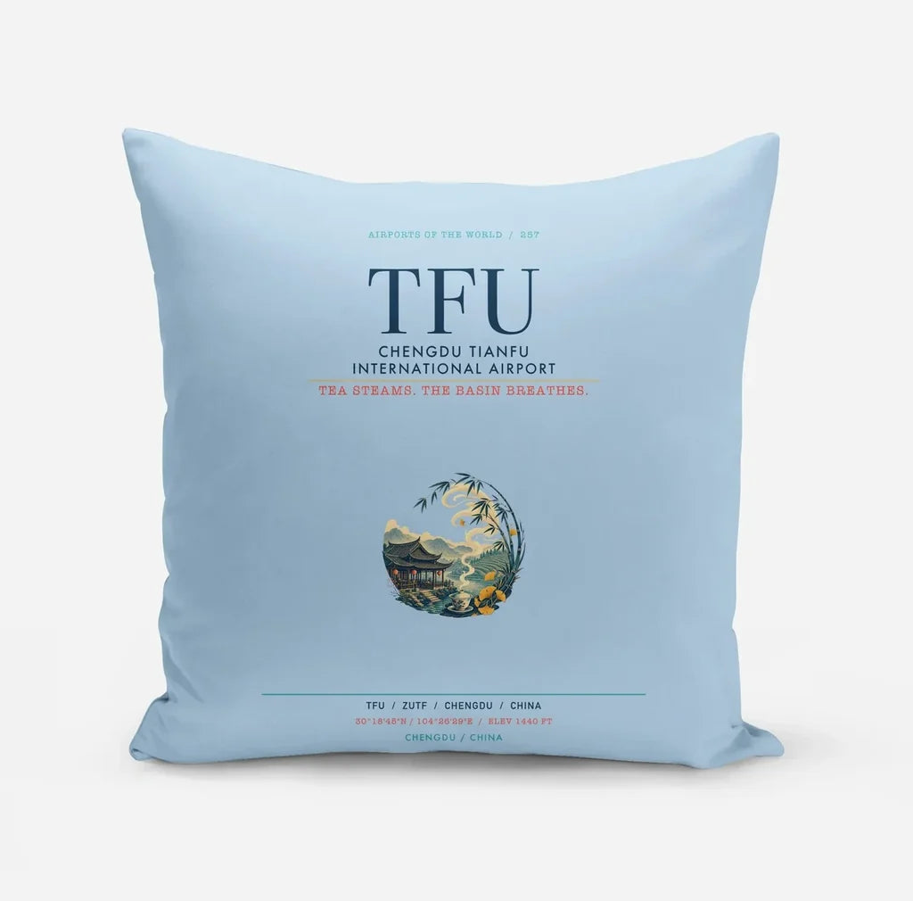 Chengdu Tianfu International Airport (TFU) design on light blue pillow