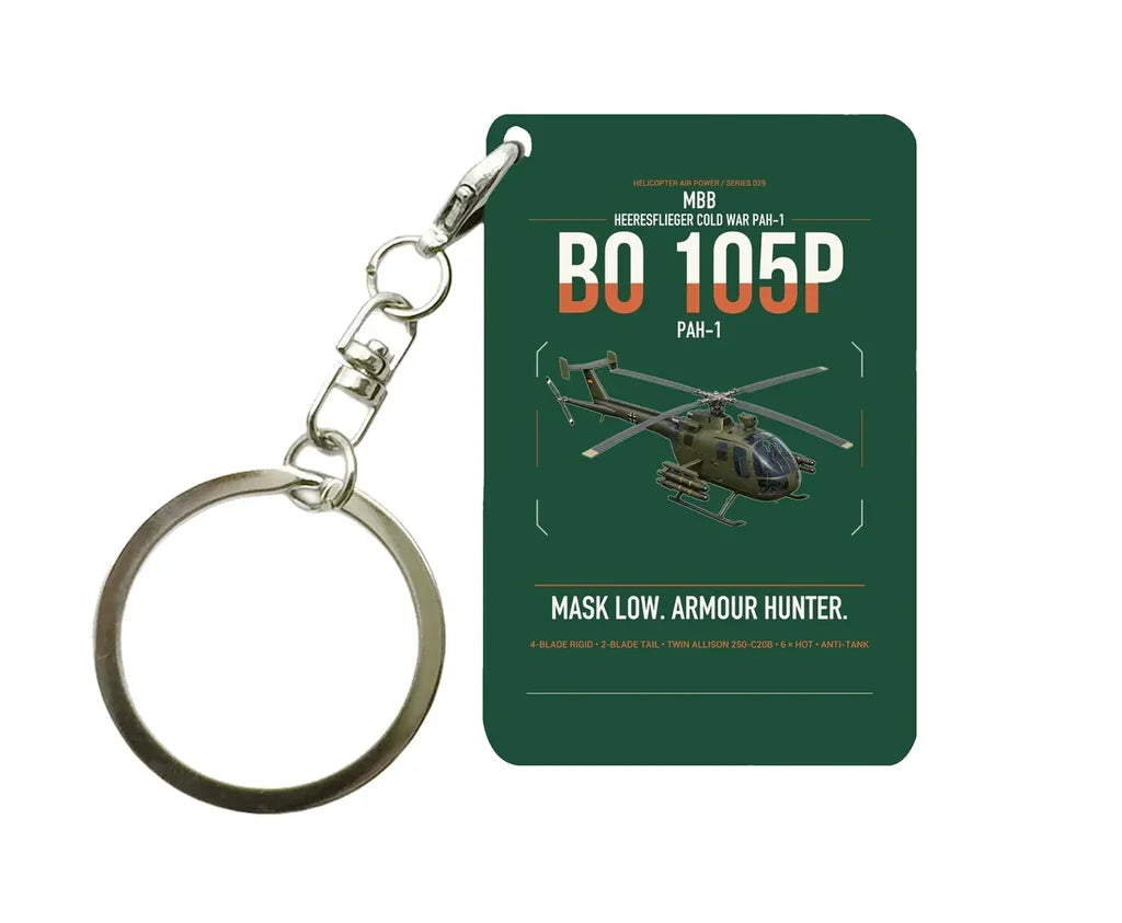 MBB BO 105P PAH-1 design on dark green designed key chain, double-side print