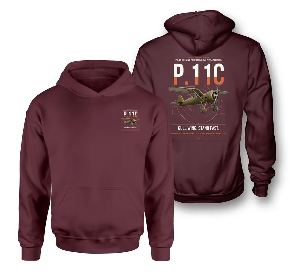 PZL P.11c design on dark red double-side hoodie, double-side print