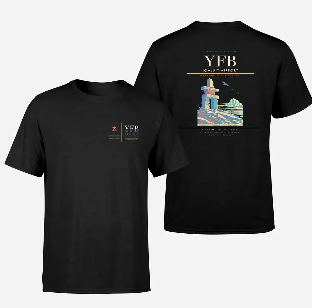 Iqaluit Airport (YFB) design printed on black double-side t-shirt