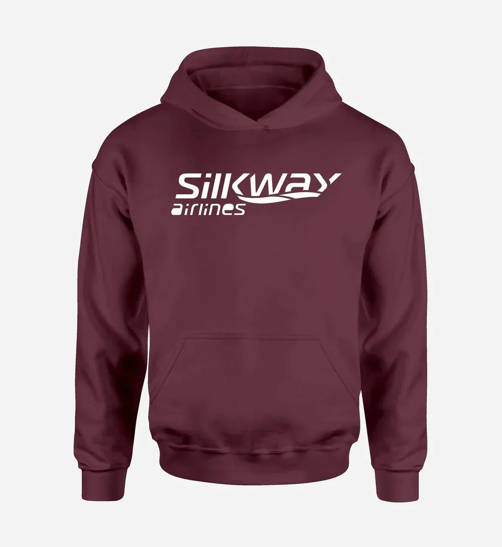 Silk Way West Airlines logo printed on dark red hoodie