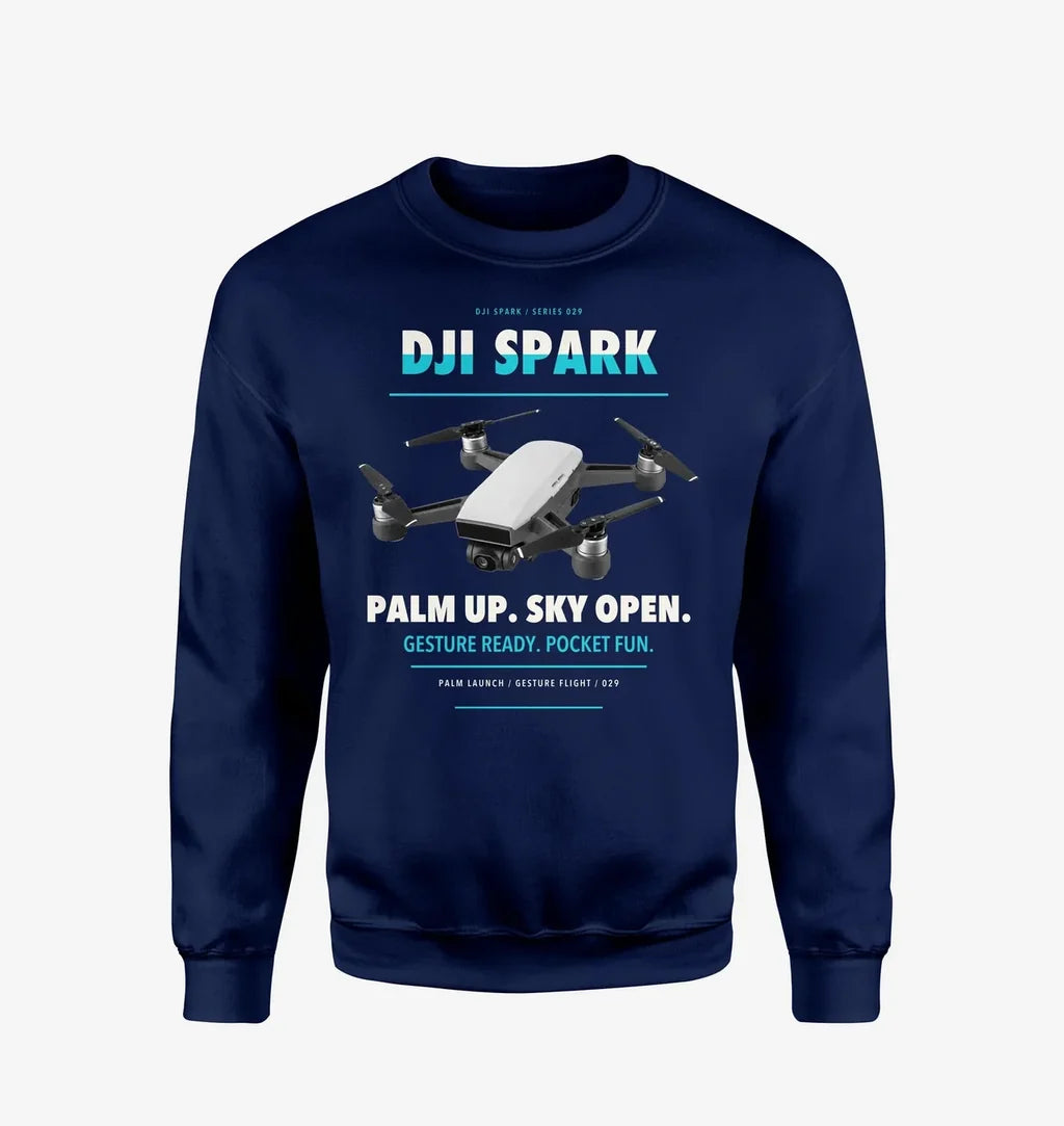 DJI Spark design on navy blue sweatshirt