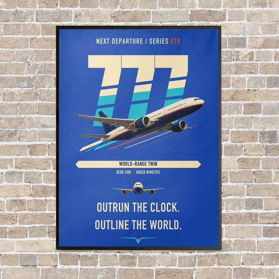 Boeing 777-200LR vertical canvas print - framed - blue background