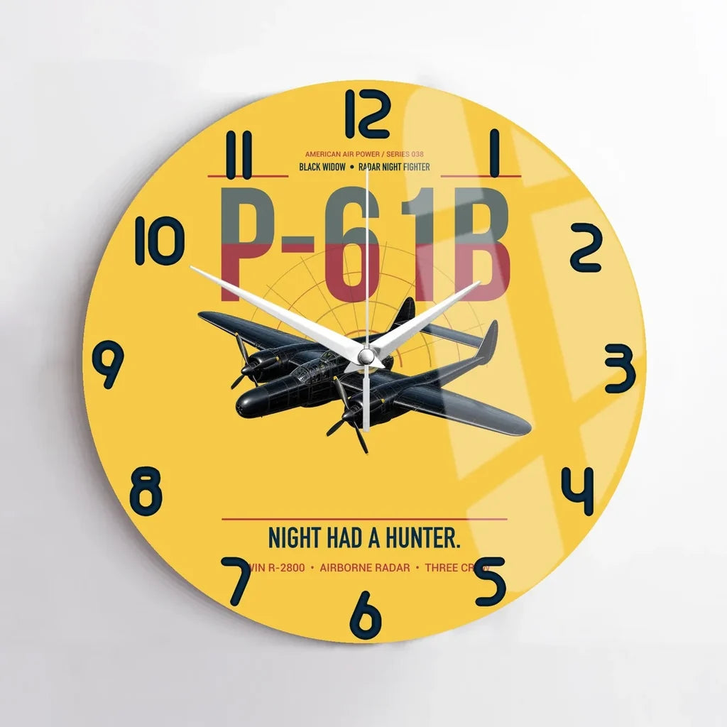 P-61B Black Widow design on yellow no frame wall clock