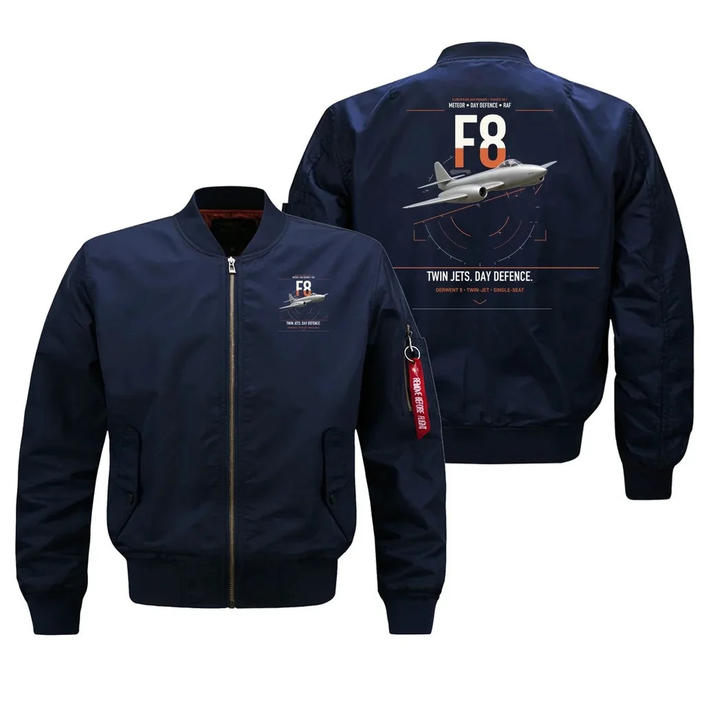 Gloster Meteor F8 design on blue bomber jacket, double-side print