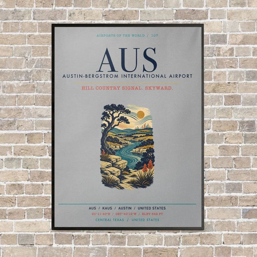 Austin-Bergstrom International Airport AUS vertical canvas print - framed - light gray background