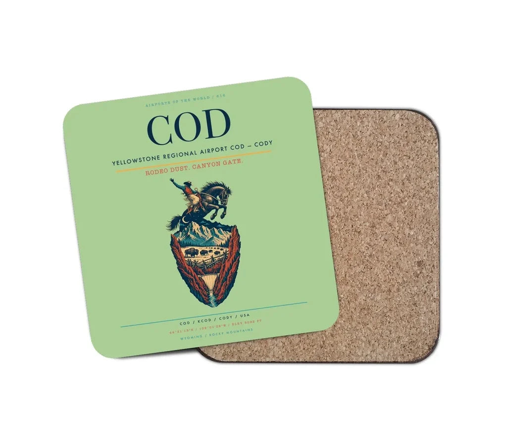 Yellowstone Regional Airport (COD) design on light green 1 piece coaster