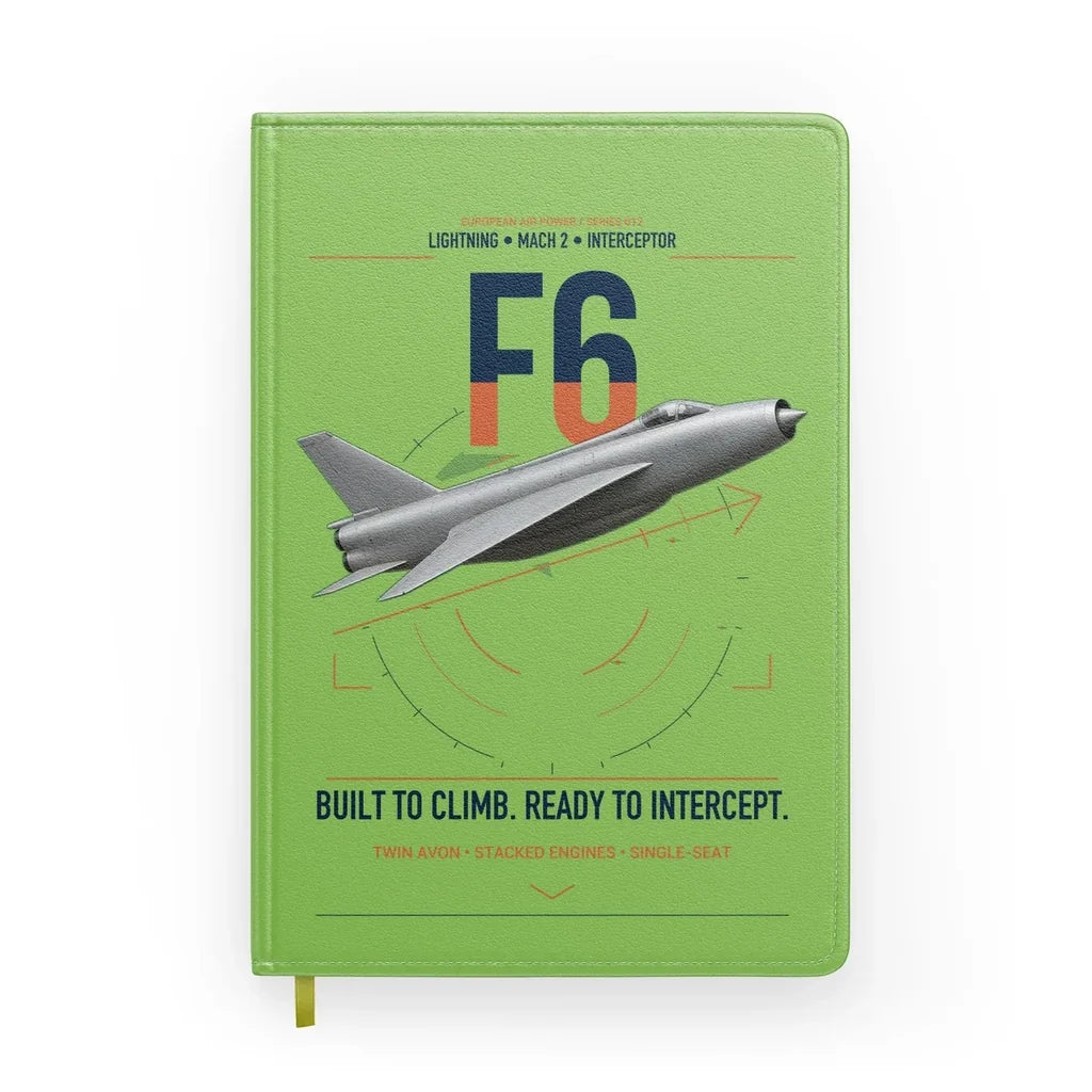 English Electric Lightning F6 design on light green notebook