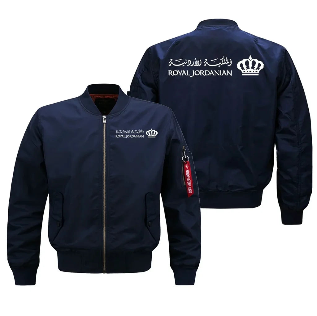Royal Jordanian aviation design embroidered on blue bomber jacket