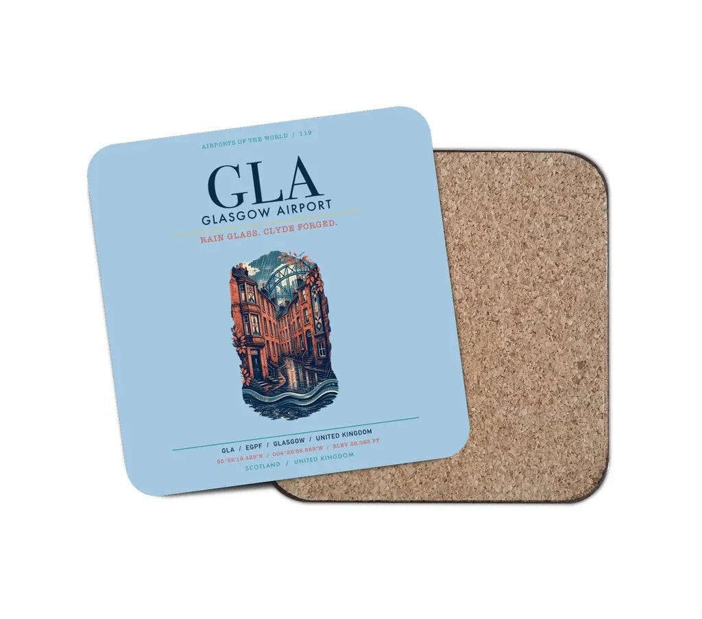 Glasgow Airport (GLA) design on light blue 1 piece coaster