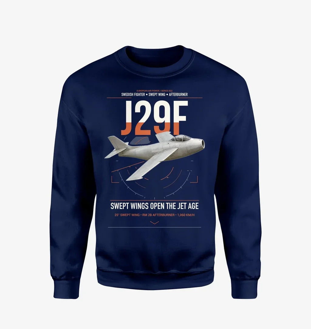 Saab J 29F Tunnan design on navy blue sweatshirt