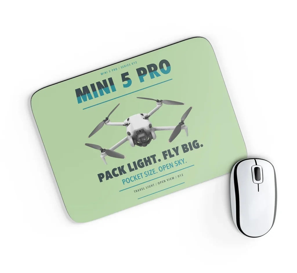 DJI Mini 5 Pro design on light green rectangle mouse pad