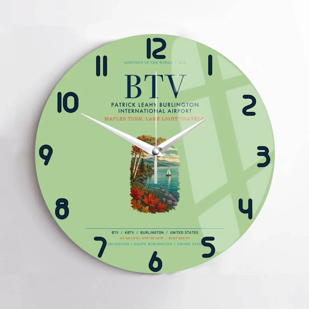 Patrick Leahy Burlington International Airport (BTV) design on light green no frame wall clock
