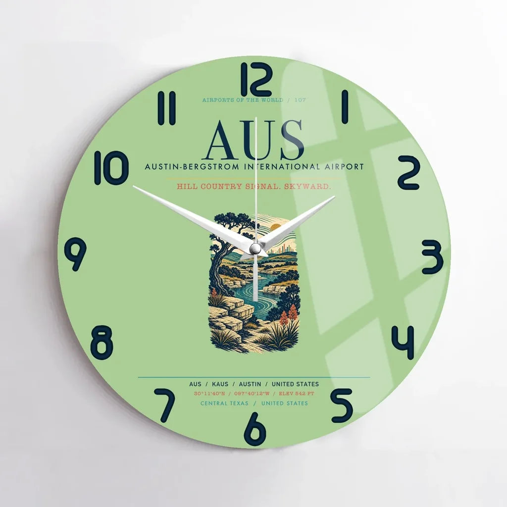 Austin-Bergstrom International Airport (AUS) design on light green no frame wall clock