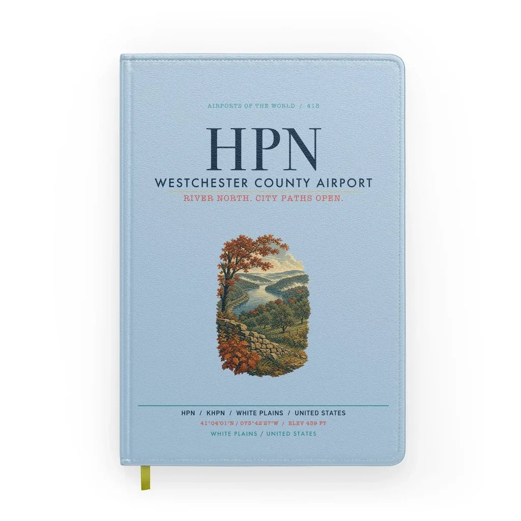 Westchester County Airport (HPN) design on light blue notebook