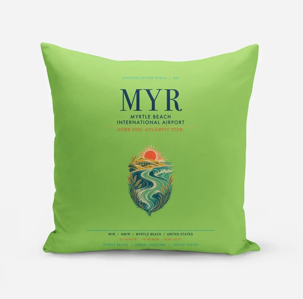 Myrtle Beach International Airport (MYR) design on light green pillow