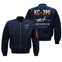 Thumbnail for Embraer KC-390 Millennium design on blue bomber jacket, double-side print
