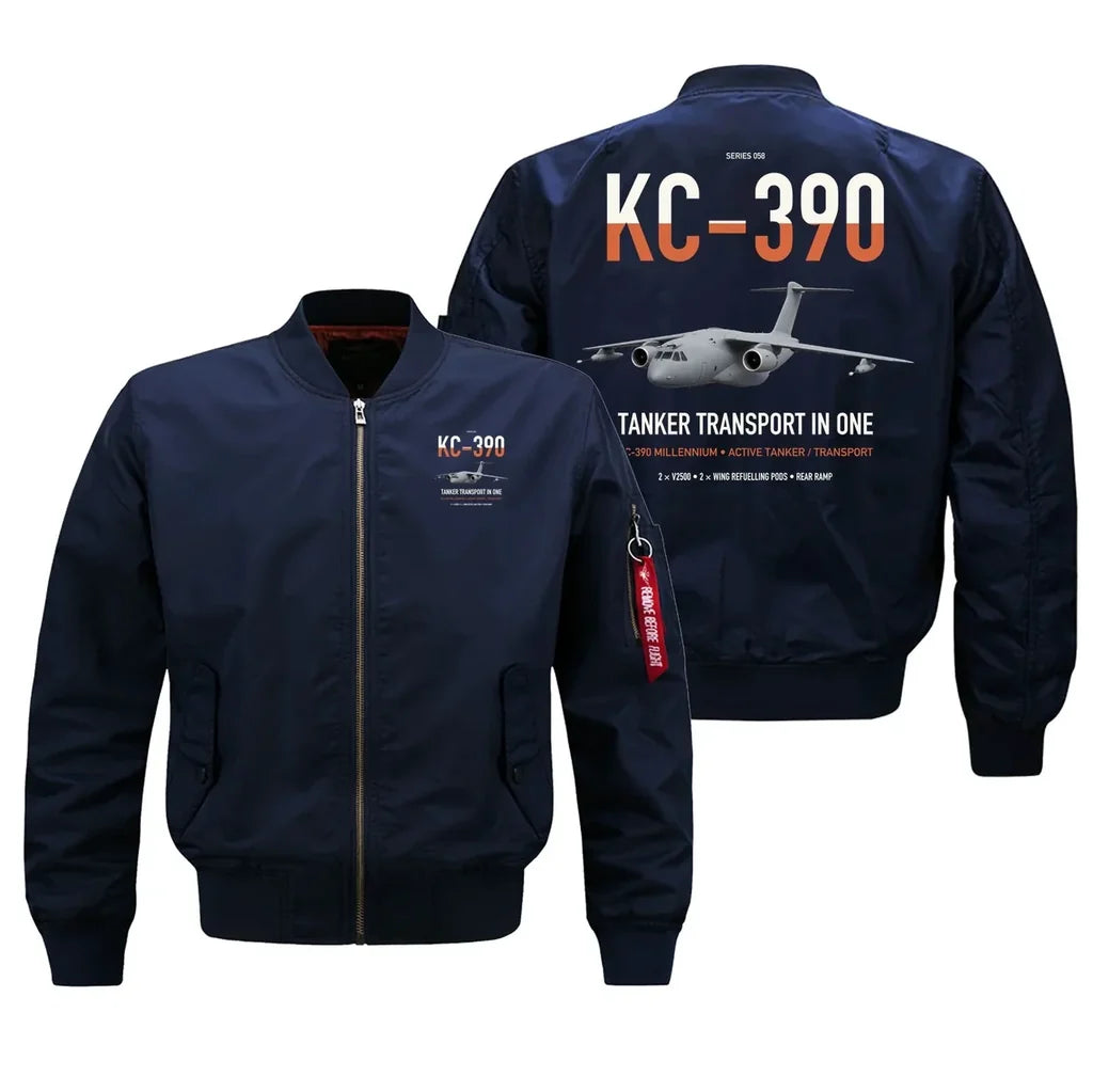 Embraer KC-390 Millennium design on blue bomber jacket, double-side print
