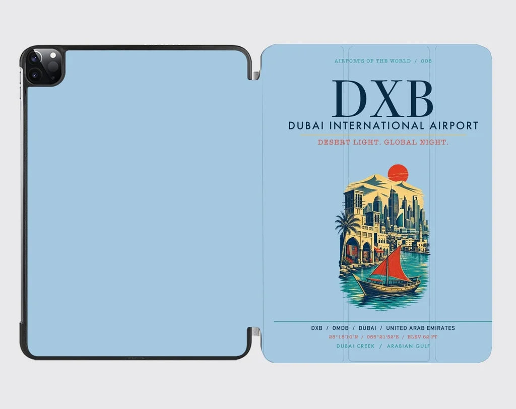 Dubai International Airport (DXB) design on light blue ipad tablet case