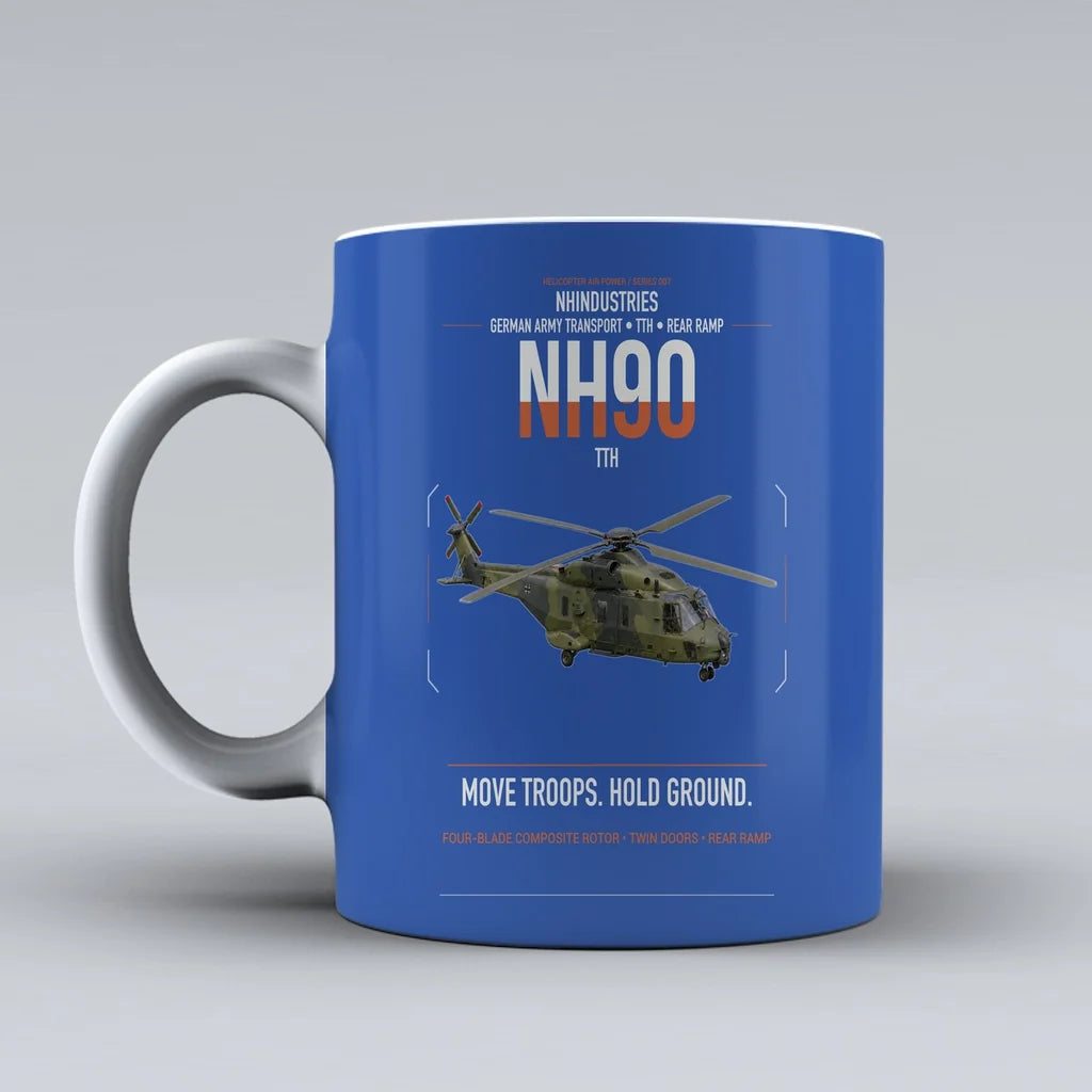 NHIndustries NH90 TTH design on blue ceramic mug, double-side print