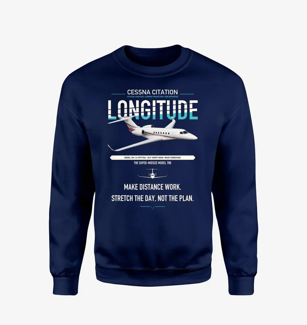 Cessna Citation Longitude design on navy blue sweatshirt