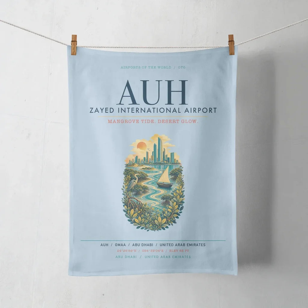 Abu Dhabi Zayed International Airport (AUH) design on light blue towel