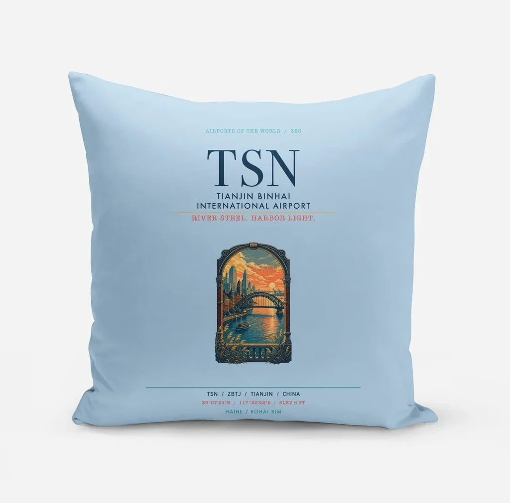 Tianjin Binhai International Airport (TSN) design on light blue pillow
