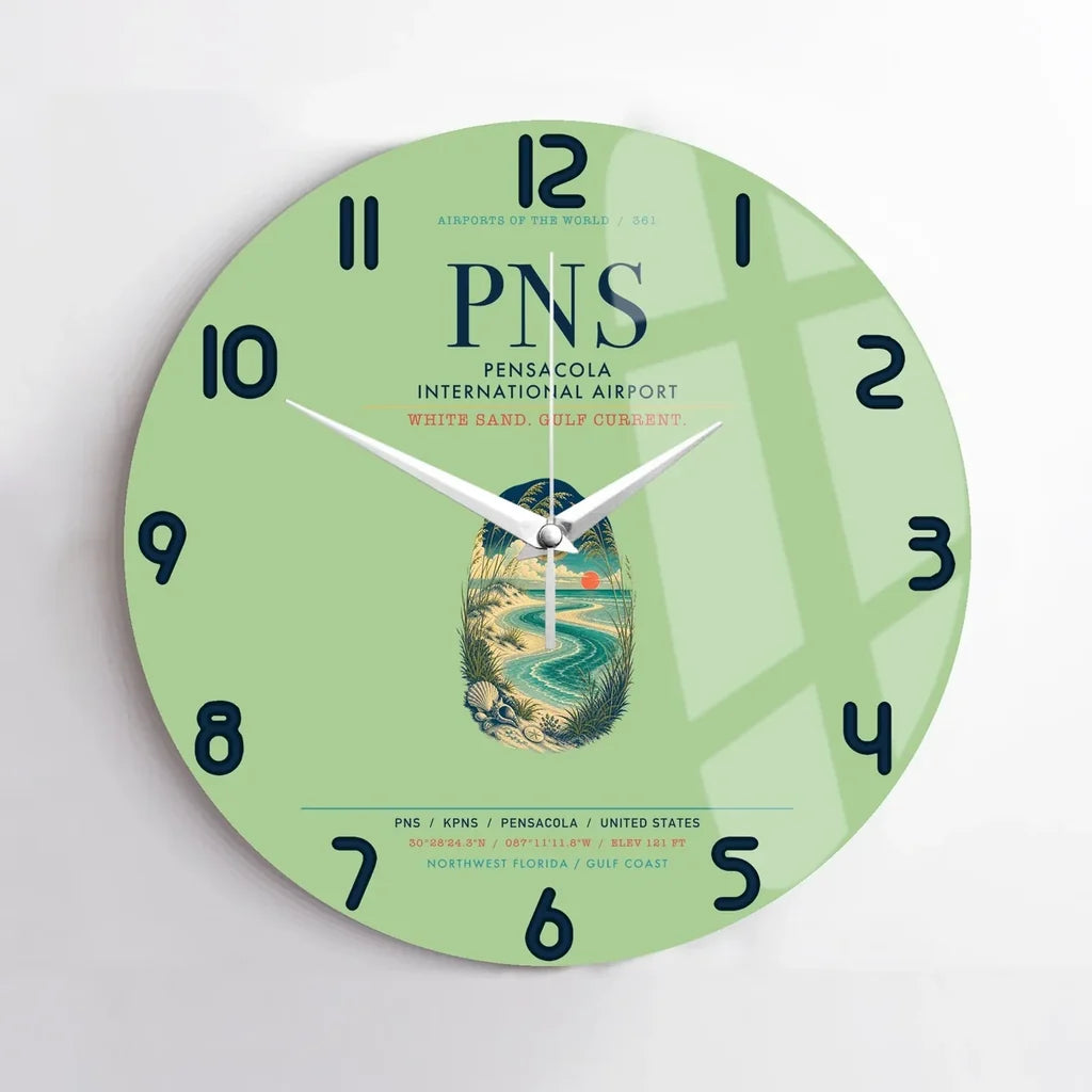 Pensacola International Airport (PNS) design on light green no frame wall clock