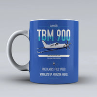 Thumbnail for Daher TBM 900 design on blue ceramic mug, double-side print