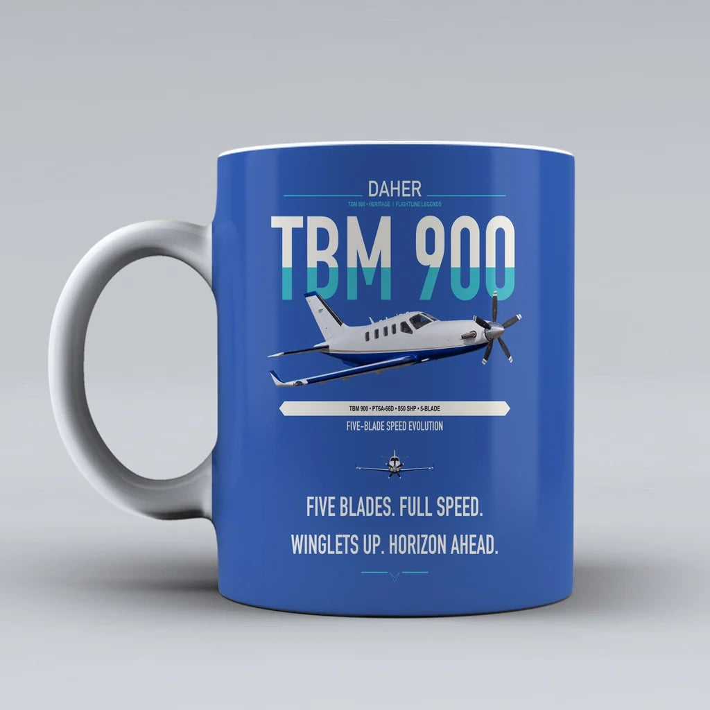Daher TBM 900 design on blue ceramic mug, double-side print