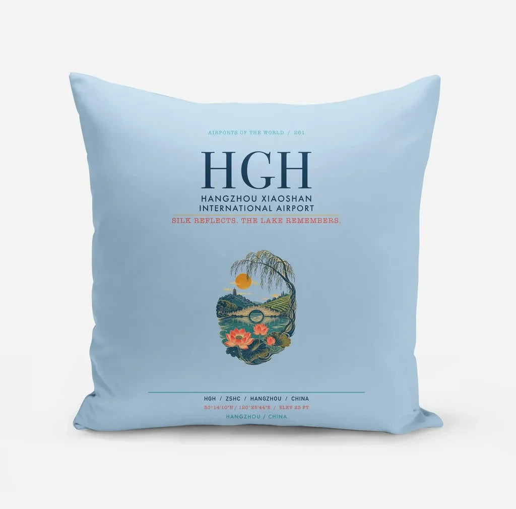 Hangzhou Xiaoshan International Airport (HGH) design on light blue pillow