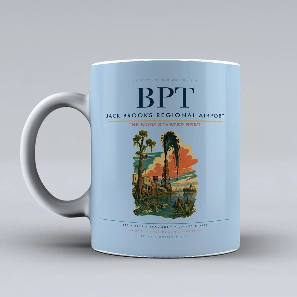 Jack Brooks Regional Airport (BPT) airport code design on light blue ceramic mug