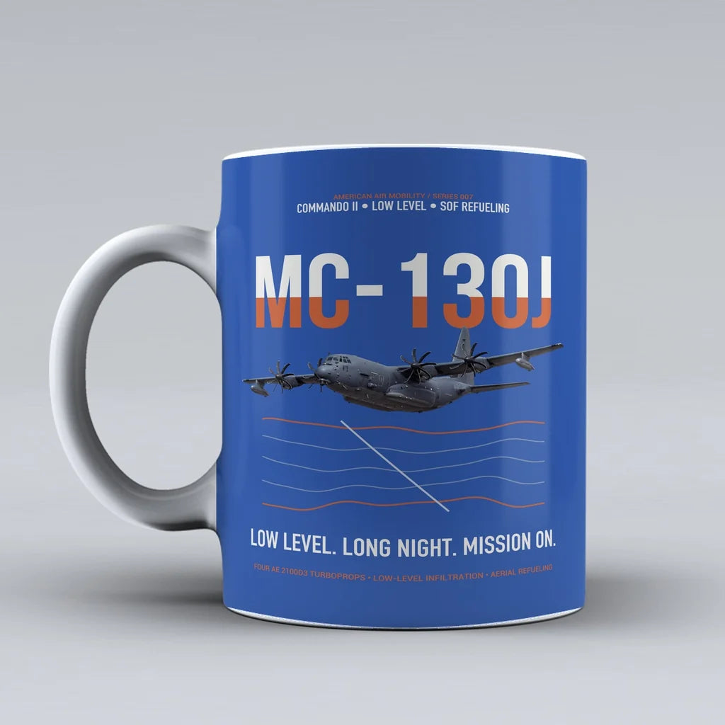 MC-130J COMMANDO II design on blue ceramic mug, double-side print