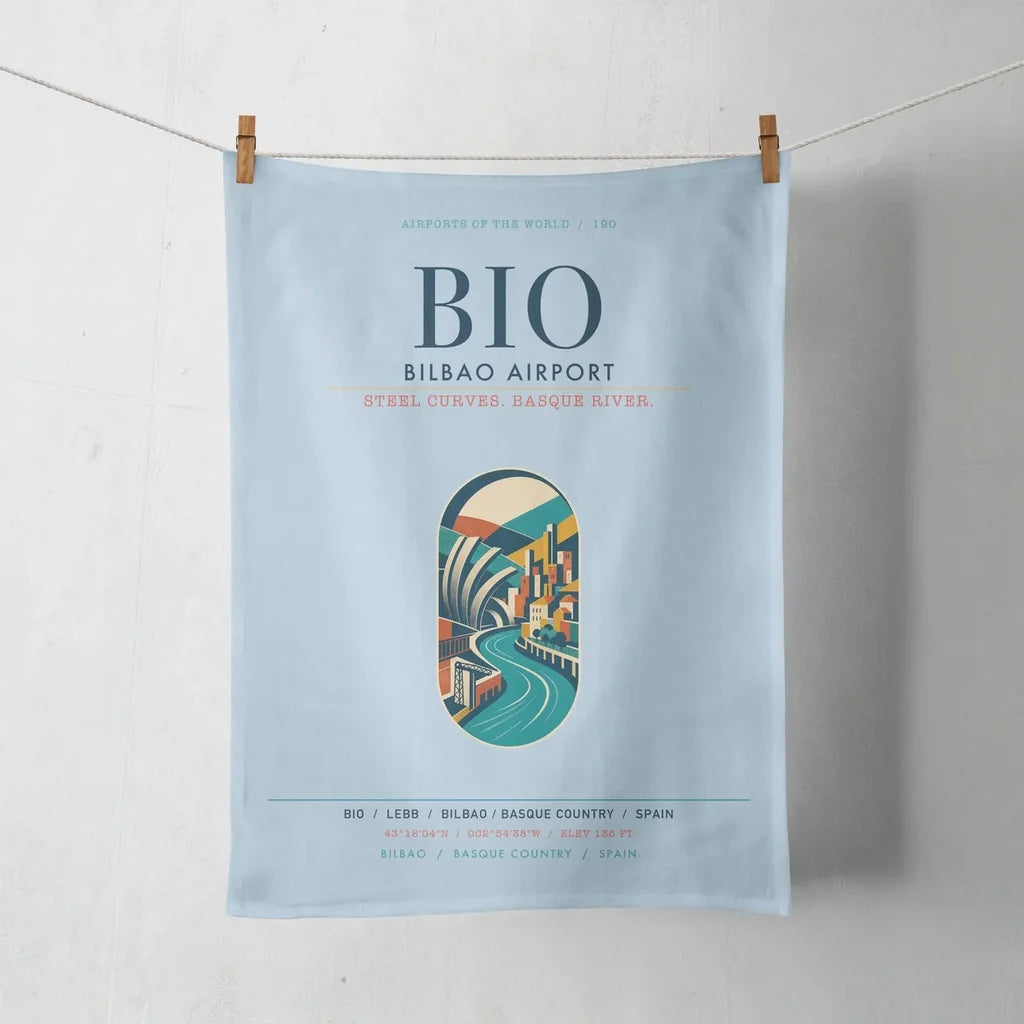 Bilbao Airport (BIO) design on light blue towel