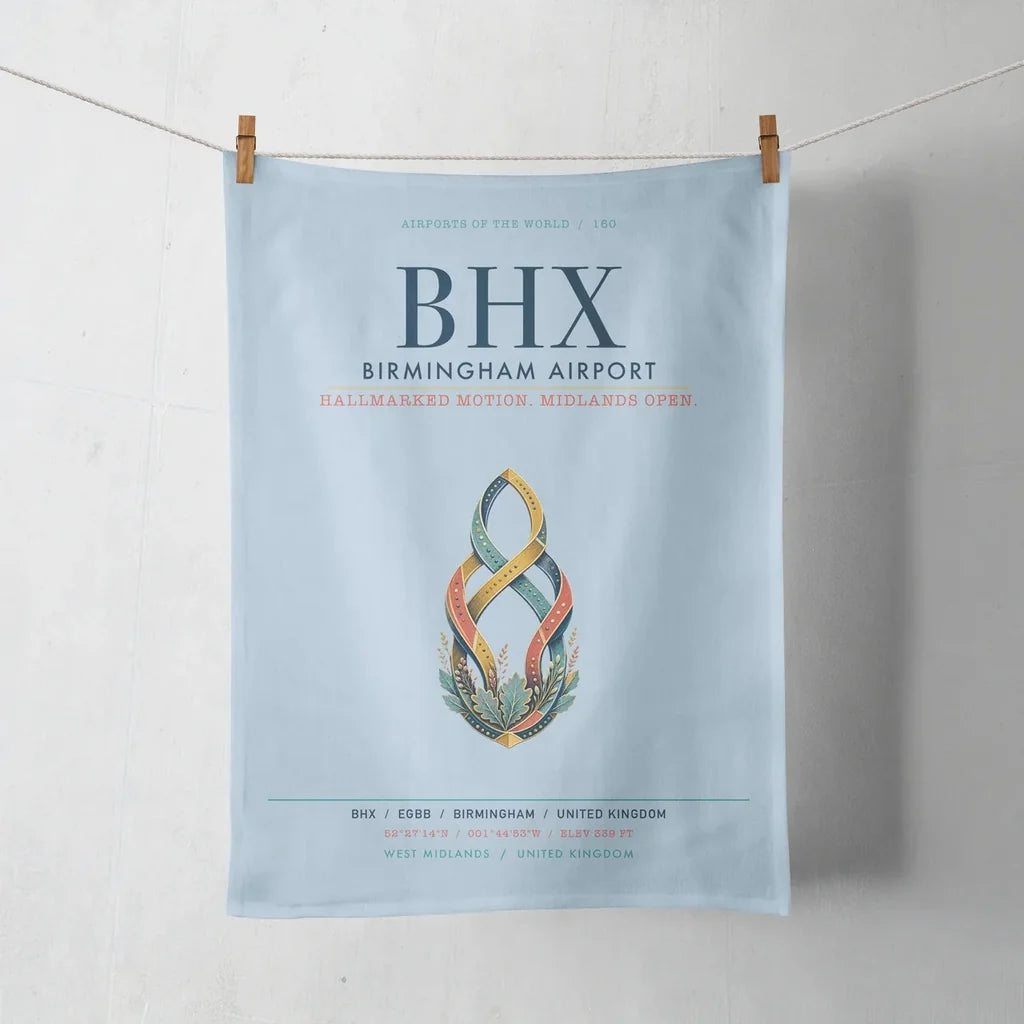Birmingham Airport (BHX) design on light blue towel