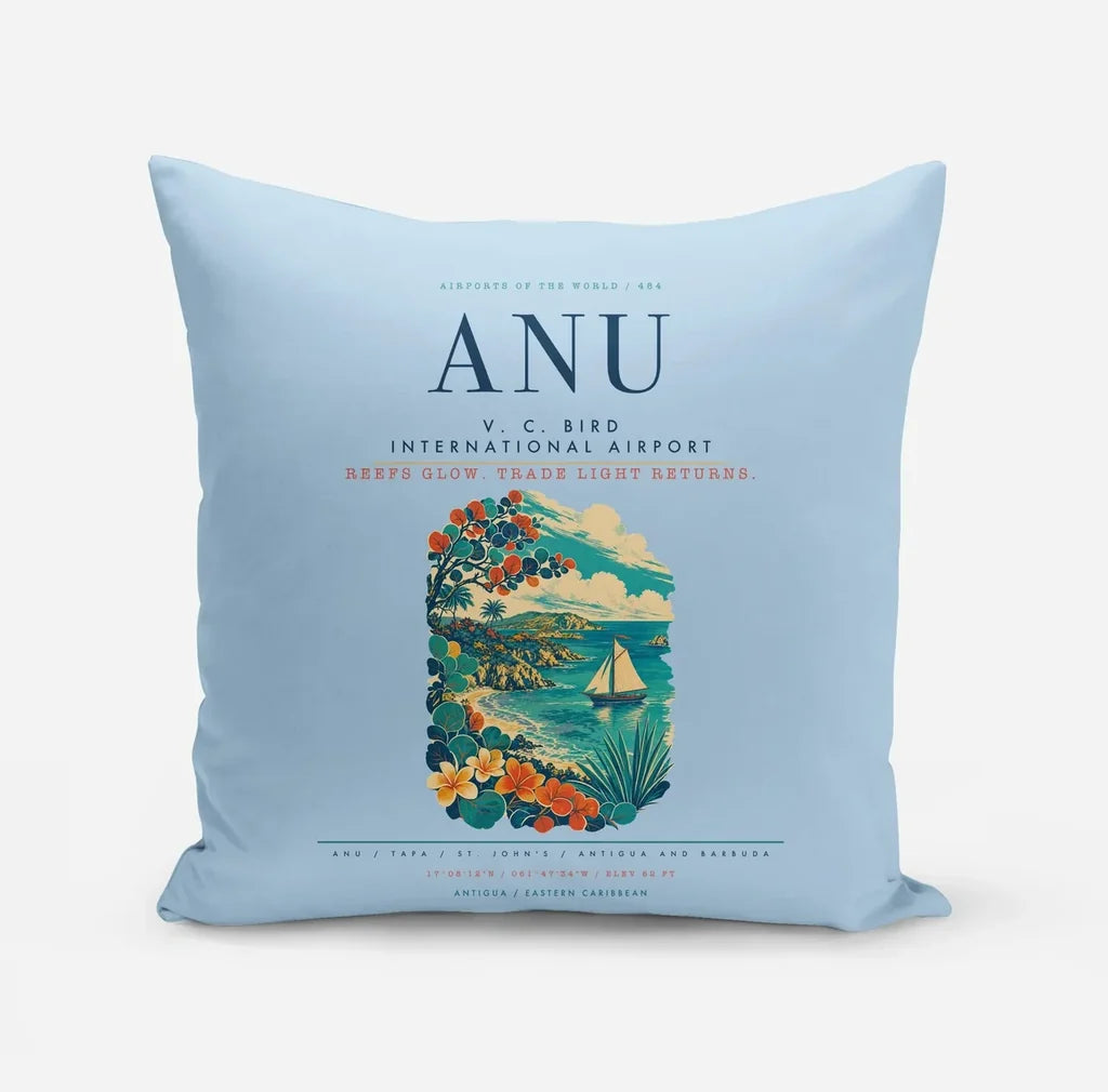 V. C. Bird International Airport (ANU) design on light blue pillow